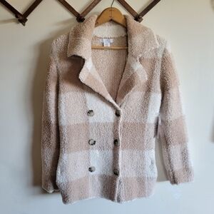 NWT Halston Shacket Plaid Sweater Fuzzy Stretchy Tan Cream White Extra Small XS
